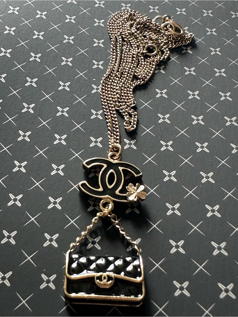 CHANEL B13S Enamel Quilted Flap Bag CC Clover Charm Necklace